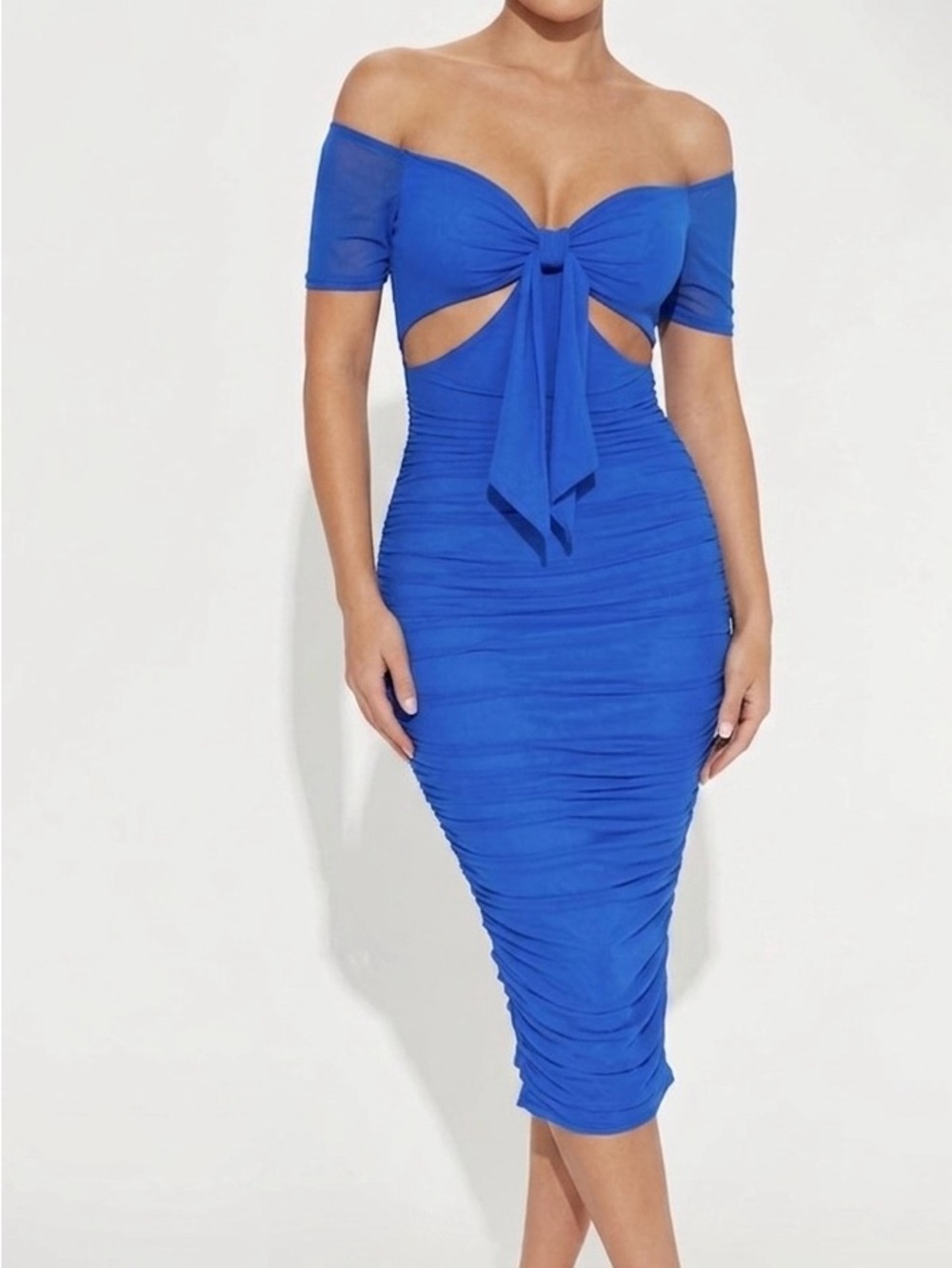Fashion Nova One-Shoulder Royal Blue Tie-Front Ruched Midi Dress